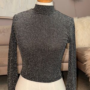 Black Sparkly Long Sleeve Backless Top